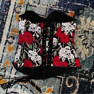 BURLESK Skull and Red Roses Goth Black Lace Up Adjustable Bustier Corset Size M